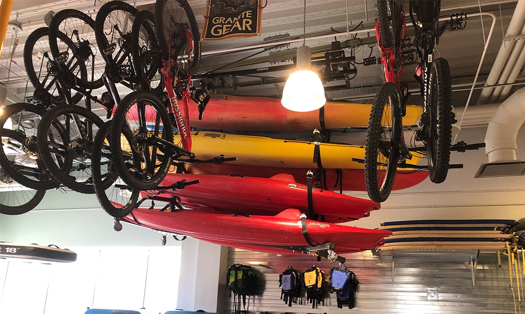 kayaks lifted overhead at utah state student center