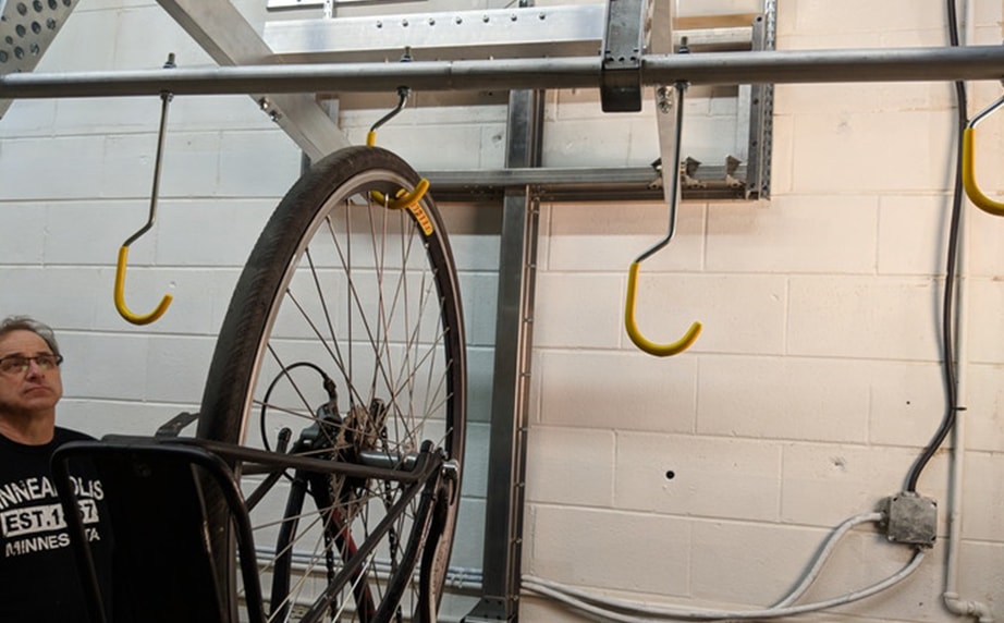 bicycle tire hanging on wall mount